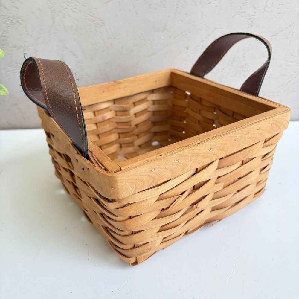 Vintage Woven Wood Square Basket with Brown Faux Leather Handles Farmhouse Decor